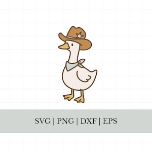 May include: A cartoon illustration of a white goose wearing a brown cowboy hat with a star and a gray bandana. The goose has yellow feet and a yellow beak. The image includes the text "SVG | PNG | DXF | EPS".
