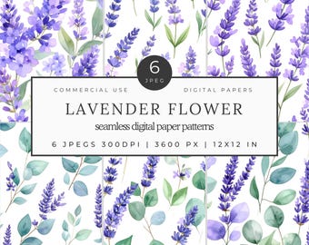 Lavender Digital Design Paper: Seamless Floral Patterns (12x12" JPEGs, Commercial Use, Digital Download)