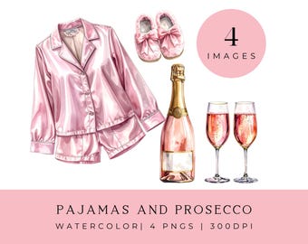 Watercolor Pajamas & Prosecco Clipart: Bridal Shower PNG Graphics (Digital Download)