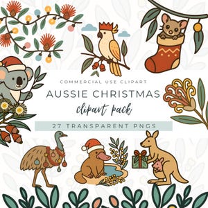 Pode incluir: Pacote de clipart de Natal australiano com 27 PNGs transparentes. Apresenta ilustrações de animais australianos como um coala, um canguru, um emu e um ornitorrinco, todos com decorações de Natal festivas. Inclui um papagaio, um possum numa meia e elementos florais.