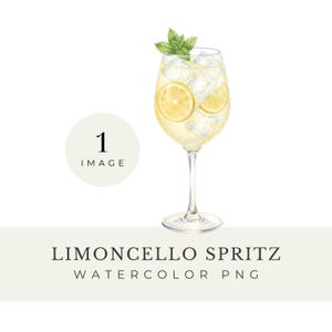May include: A watercolour illustration of a Limoncello Spritz cocktail in a stemmed glass. The drink contains ice cubes, lemon slices, and a sprig of mint. The text "Limoncello Spritz Watercolor PNG" is displayed below the image.
