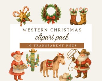 Western Country Weihnachten PNG Clipart: Cowboy Nikolaus, Kaktusbaum, Pferd, Stiefel (Digitaler Download)