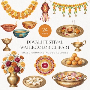May include: A collection of 24 watercolour clipart elements for the Diwali festival, including marigold garlands, hanging lanterns, oil lamps, brass trays with sweets, floral arrangements in a brass vase, and a decorative mandala pattern.
