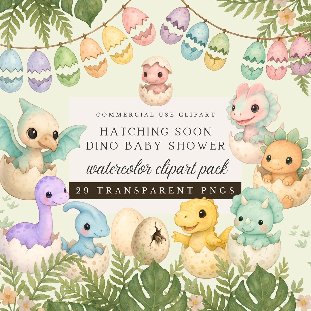 Dinosaur Baby Shower Clipart: Watercolor Hatching Eggs (PNG Digital ...