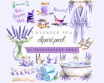 Lavender Spa Clipart, Watercolor Relaxation PNG Graphics (Digital Download)