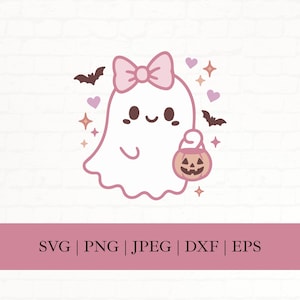 May include: A cute cartoon ghost with a pink bow, holding a jack-o'-lantern bucket. The ghost is surrounded by bats, hearts, and stars. The image includes the text "SVG | PNG | JPEG | DXF | EPS".
