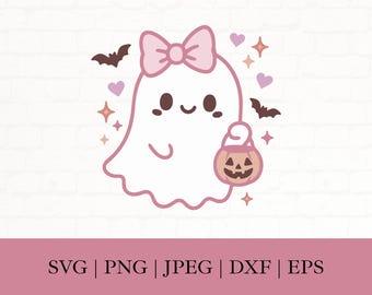 Kawaii Ghost SVG, Bow Pumpkin, Pink Halloween Clipart (png, eps, dxf, jpeg)