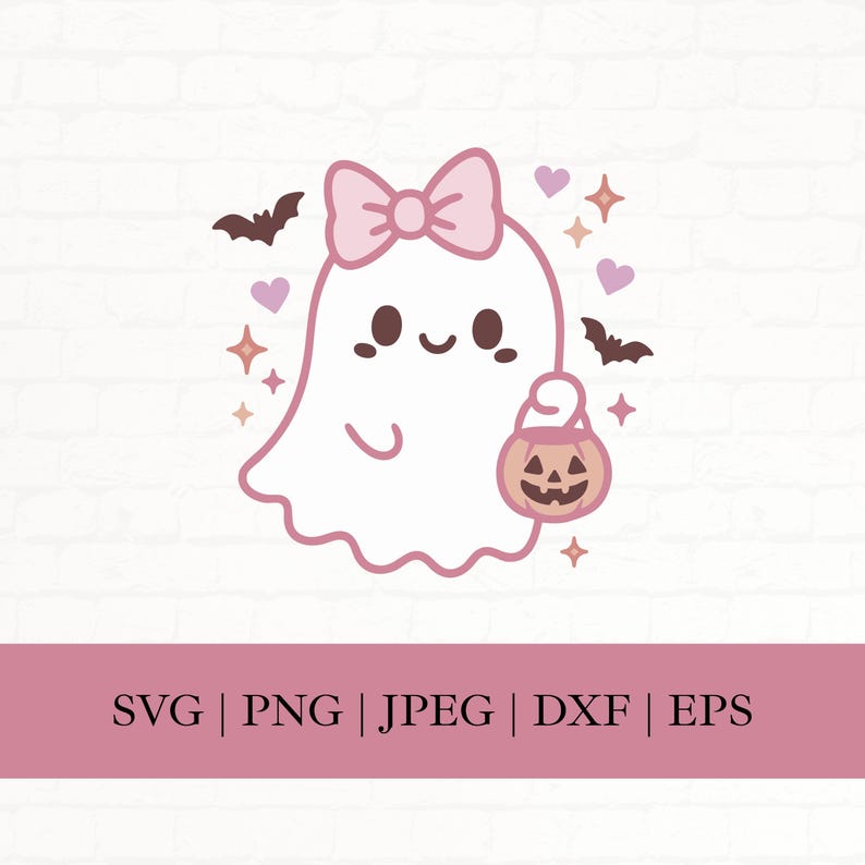 May include: A cute cartoon ghost with a pink bow, holding a jack-o'-lantern bucket. The ghost is surrounded by bats, hearts, and stars. The image includes the text "SVG | PNG | JPEG | DXF | EPS".