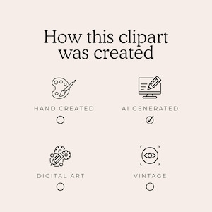 Puede incluir: Gr&aacute;fico con el texto "How this clipart was created" y cuatro opciones: "Hand Created", "AI Generated", "Digital Art" y "Vintage". Cada opci&oacute;n tiene un icono y un c&iacute;rculo.