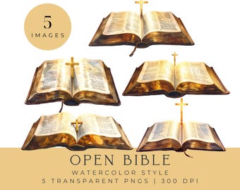 Open Bible Clipart, Watercolor Christian Religion PNG Graphics (Digital Download)