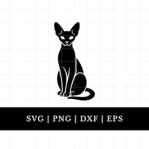 May include: A black silhouette of a cat in a sitting position, with large ears and a long tail. The image includes the text "SVG | PNG | DXF | EPS" in white letters on a black banner.