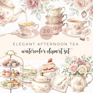 Elegant Afternoon Tea Clipart Set, Watercolor Vintage Floral High Tea Party PNG Graphics