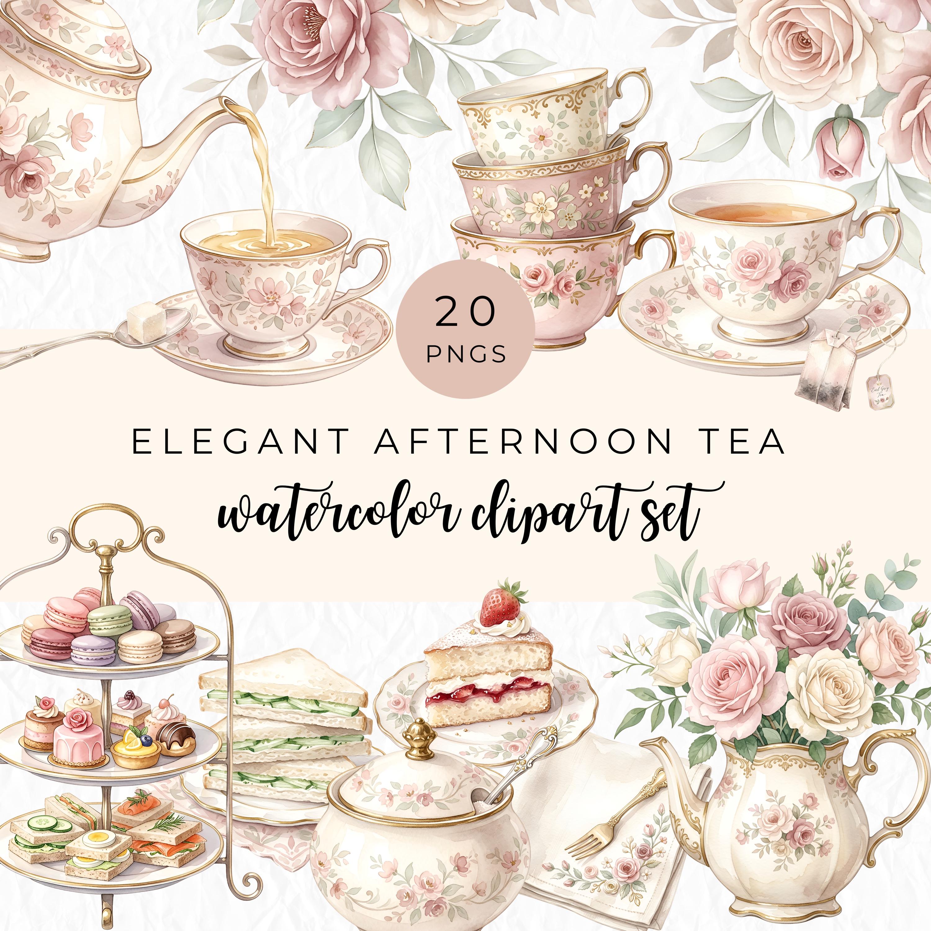 Elegant Afternoon Tea Clipart Set, Watercolor Vintage Floral High Tea ...
