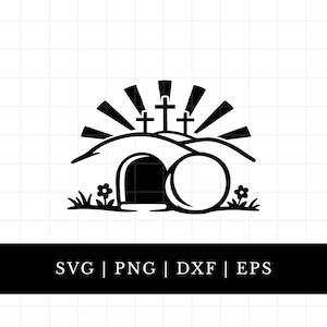 Puede incluir: Gráfico en blanco y negro de una escena de Pascua. Se representan tres cruces sobre una colina, una tumba con la puerta abierta y una gran piedra redonda. Los rayos del sol brillan detrás de las cruces. Las palabras "SVG | PNG | DXF | EPS" están en la parte inferior.