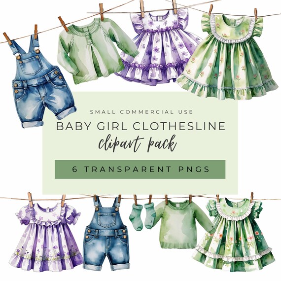 Watercolor Baby Girl Clothesline Clipart: Pngs (digital Download