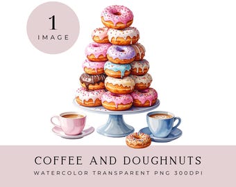 Coffee & Doughnuts Watercolor Clipart, Donut Tower PNG, Transparent Background 300DPI, Café Bakery Illustration
