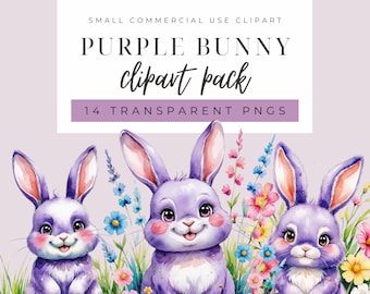 Aquarelle lapin violet Clipart, Art pour chambre de bébé baby shower, lapin de Pâques PNG (téléchargement numérique, 14 pièces)