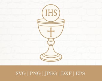 Calice catholique IHS SVG : première communion, symbole de l'eucharistie PNG (fichier de coupe numérique)