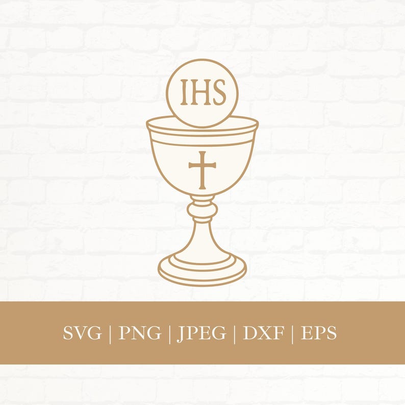 Puede incluir: Ilustraci&oacute;n en l&iacute;nea beige de un c&aacute;liz con una cruz y una hostia con las letras "IHS". El c&aacute;liz est&aacute; sobre un fondo beige con las palabras "SVG | PNG | JPEG | DXF | EPS" en la parte inferior.
