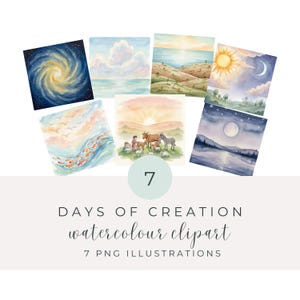 Può includere: Una collezione di sette illustrazioni clipart ad acquerello che raffigurano scene dei Giorni della Creazione. Ogni immagine quadrata presenta un paesaggio diverso, tra cui una galassia, un oceano e un tramonto. È incluso anche il testo "DAYS OF CREATION watercolour clipart".