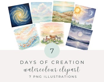 Days of Creation Clipart, Watercolor Genesis Bible Story PNG Set, Faith Illustrations (Digital Download)
