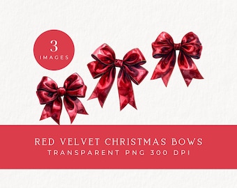 Red Velvet Christmas Bows Watercolor Clipart (PNG)