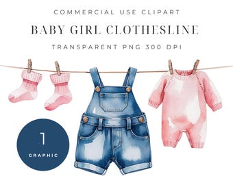 Baby Girl Clothesline Watercolor Clipart: Romper, Overalls, Socks (PNG Digital Download)