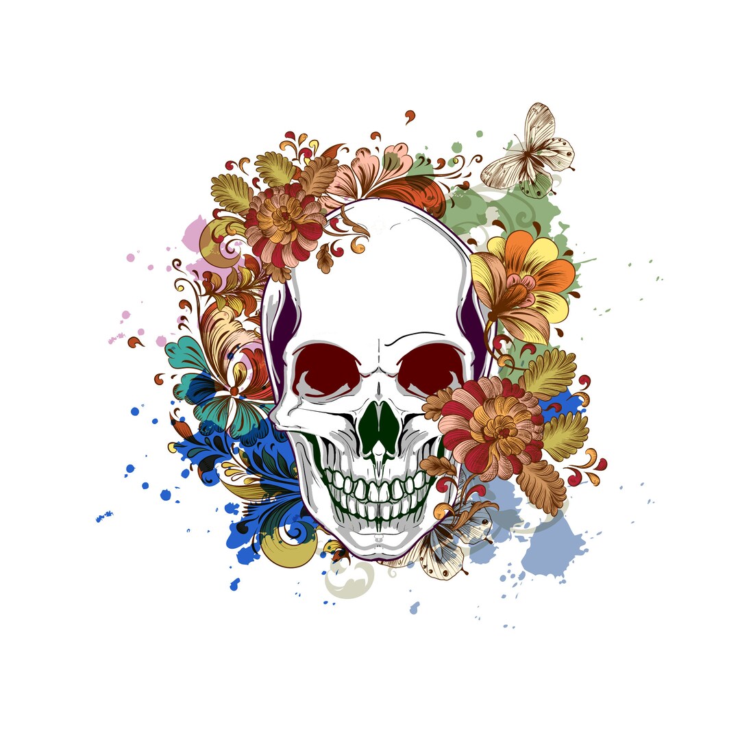 Skull Head Svg, Retro Skull Head, Flower Butterfly, Sublimate Designs