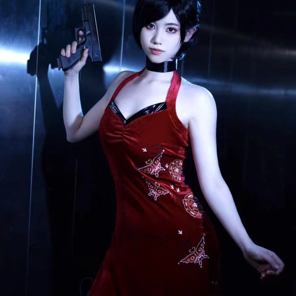 Disfraz de cosplay de Resident Evil Village, disfraz de cosplay de Ada Wong, artesanía de bordado de vestido rojo con cuello halter, cosplay de Halloween de Ada Wong
