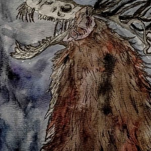Original watercolor painting of a wendigo skull painting. Wall hanging Art horror decoration