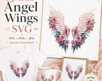 花柄の天使の羽のSVG PNG、メモリアルウィングのCricutカットファイル