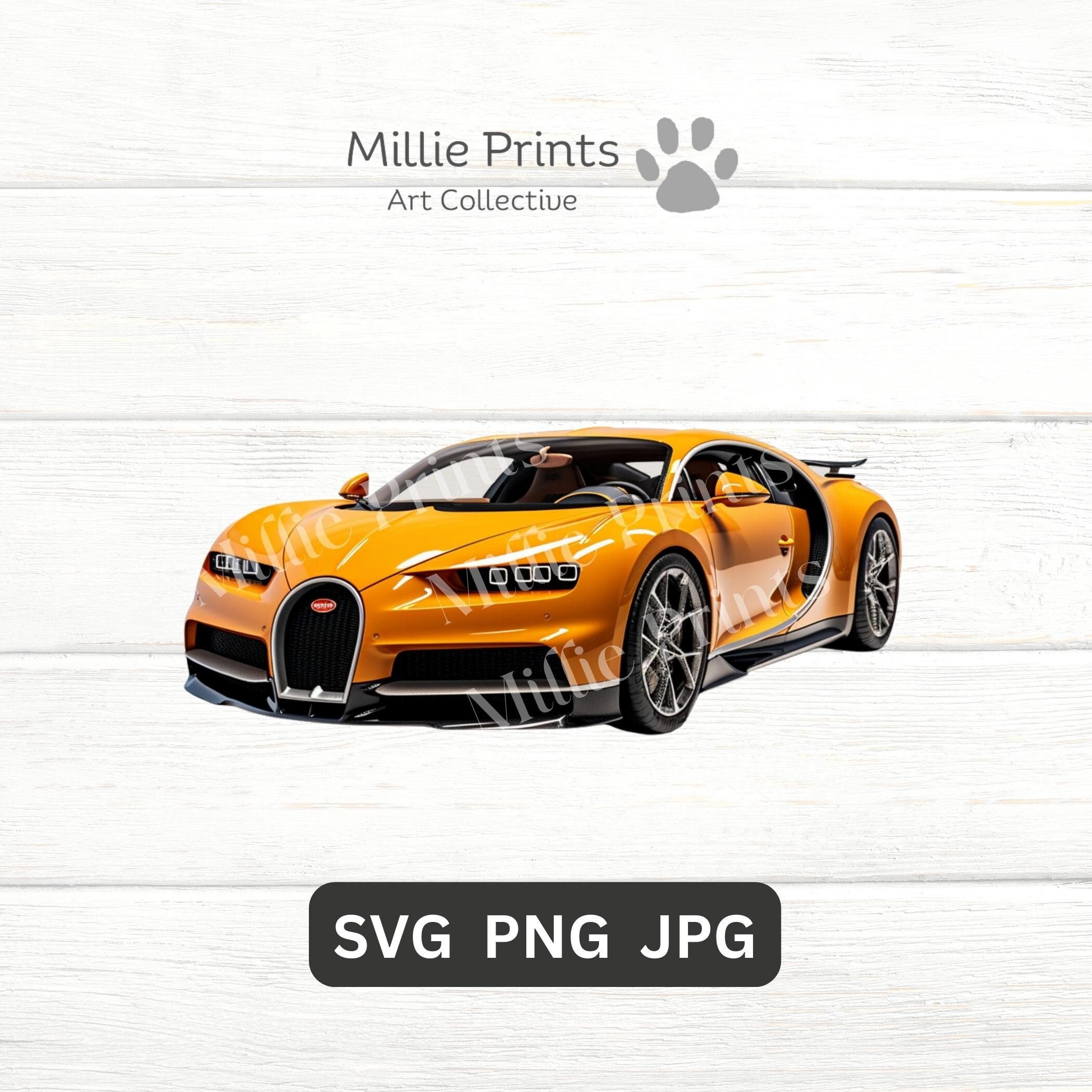 Bugatti Clipart SVG PNG Yellow Car Wall Art Sports Car Clip Art Instant Download Artwork SVG Cricut Graphics Gift Tshirt Men Boy Male Teen