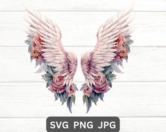 花柄の天使の羽のSVG PNG JPG、追悼の天使の羽のクリップアート、Cricutカットファイル、デジタルダウンロード