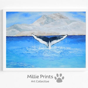 Whale Wall Art Ocean Blue Water Bright Horizontal Landscape Painting Downloadable PRINTABLE Art Print Digital Download Artwork Whale Art