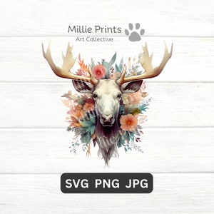 Moose Floral SVG PNG JPG Clipart Wall Art Artwork Svg Cricut Graphics Regalo Camiseta Hembra País Moose Decoración Fiesta Navidad Cumpleaños Imagen