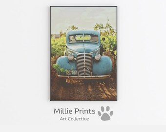 Vintage Blue Pickup Truck Print | Farmhouse Country Wall Art | Rustic Farm Photography | Digital Download Printable | Gift for Farmer Dad Hi