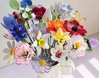 Glass Birth Flowers, Custom Glass Flower, Mom Gift for Christmas, Glass Poppy, Carnation,Aster, Daisy, Glass Sculpture,Birthday Gift for her