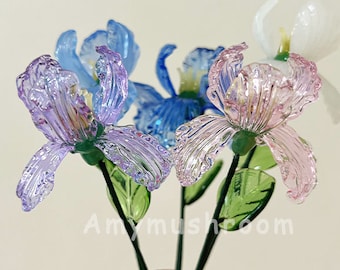 Purple Iris Glass Birth Flower with Stem, Blue Glass Iris Figurine, Unique Glass Art Flower, Home Decor,  Birthday Gift for Mom her wife