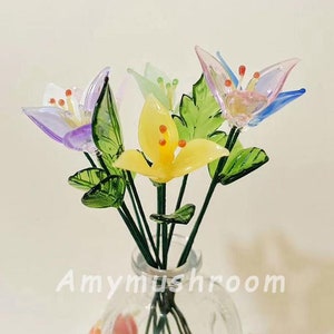 Glass Lily with Stem & Leaf,  Pink/Yellow/Blue/Purple  Lily Glass Sculpture, Mini Glass Flower Figurine, Birthday Gift for Her, Daughter