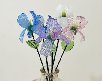 Glass Feb Birth Flower, Glass Iris in Purple/Blue/White/Pink Yellow, Handmade Glass Flower Figurine, Glass Decor for Table, Birthday Gift