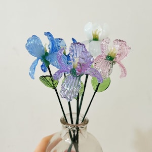 Glass Iris in Purple/Blue/White/Pink Yellow, Handmade Glass Flower Figurine, Iris Glass Decor for Table, Houswarming Gift for Her