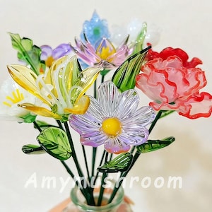 Glas Geburtsmonat Blumen, handgemachte Glas Geburtsblumen, Nelke, Iris, Narzisse, Gänseblümchen, Lilie, Rittersporn, Aster, Mohn, Weihnachtsgeschenk für Sie
