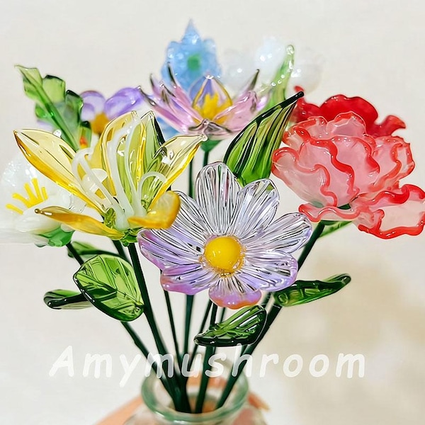 Glass Birth Month Flowers, Handmade Glass Birth Flowers, Rose, Carnation, Iris, Daffodil,Daisy, Larkspur, Poppy, Unique Valentine's Day Gift