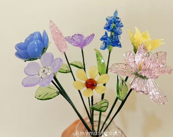 Cute Glass Flower in Various Shape, Glass Rose, Larkspur, Yellow Narcissus Figurine, Handmade Glass Flower Art, Boho Home Decor Gift