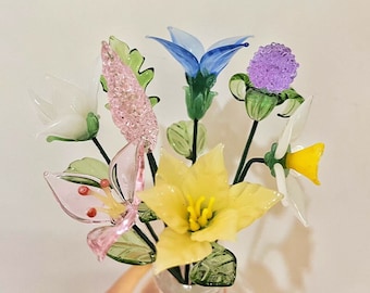 Benutzerdefinierte Glasblume, weiße Daffiodi-Figur, blaue Glastulpen, niedliche Magnolienglasskulptur, Boho Wohnzimmerdekor, Muttertagsgeschenk