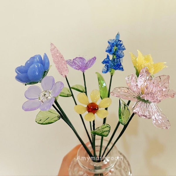 Cute Glass Flower in Various Shape, Glass Rose, Larkspur, Yellow Narcissus Figurine, Handmade Glass Flower Art, Boho Home Decor Gift