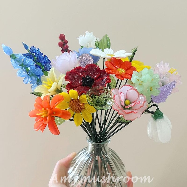 Glasfödelseblommor med stjälk, Glasblomma - Vallmo, Nejlika, Aster, Kosmos, Kaprifol, Näckros, Glasskulptur, Mors dag-present