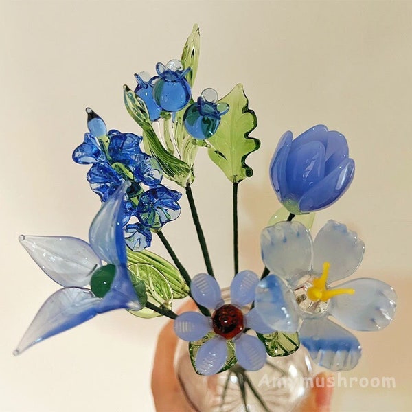 Diverses figurines de fleurs en verre bleu, muguet/tulipes/Narcisse/delphinium, fleur de forme couleur personnalisée, cadeau unique pour elle