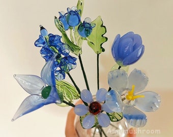 Various Blue Glass Flower Figurine, Lily of the Valley/Tulips/Narcissus/Delphinium, Custom Color Shape Flower, Unique Gift for Her