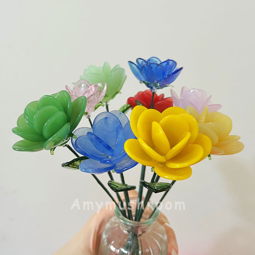 Red Glass Rose With Green Leaf, Handmade Glass Art Flower, Glass Flower ...